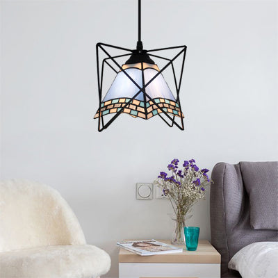 White Mediterranean Style Pendant Light With Stainless Glass - Wire Frame Hanging Ceiling Lighting 1