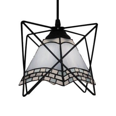 White Mediterranean Style Pendant Light With Stainless Glass - Wire Frame Hanging Ceiling Lighting 1