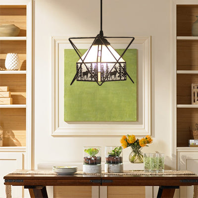 Lodge & Dear Cafe Pendant Light: Rustic Hanging Light In Black With Iron Wire Glass Beige