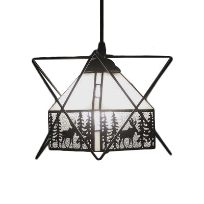 Lodge & Dear Cafe Pendant Light: Rustic Hanging Light In Black With Iron Wire Glass
