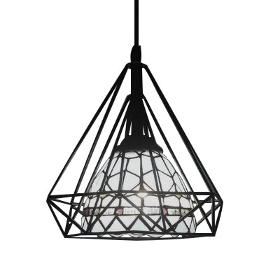 Hotel Domed Pendant Light Tiffany Blue Stained Glass with Diamond Cage – 1 Light