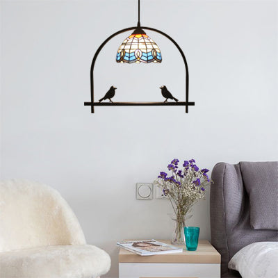 Stained Glass Baroque Ceiling Pendant with Bird for Living Room