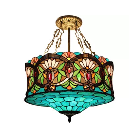 LED Stained Glass Living Room Ceiling Light - Baroque Style, 18" W Drum