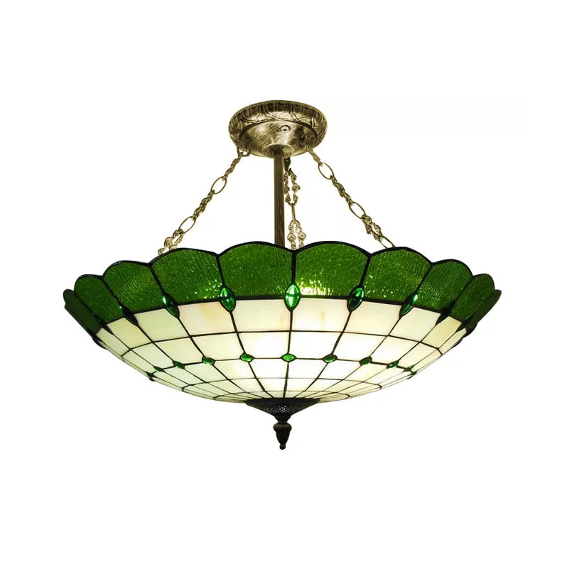 Antique Copper Tiffany Style Bedroom Ceiling Light - 4-Light Domed Semi Flush Mount with Glass Shade, 8" H x 19.5" D