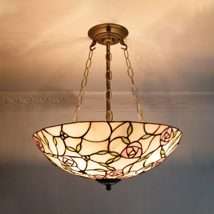 Plafonnier LED Tiffany en vitrail à 3 lumières, chaîne en laiton vieilli et motif rose