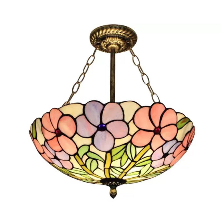 Plafonnier LED Tiffany en vitrail à 3 lumières, chaîne en laiton vieilli et motif rose
