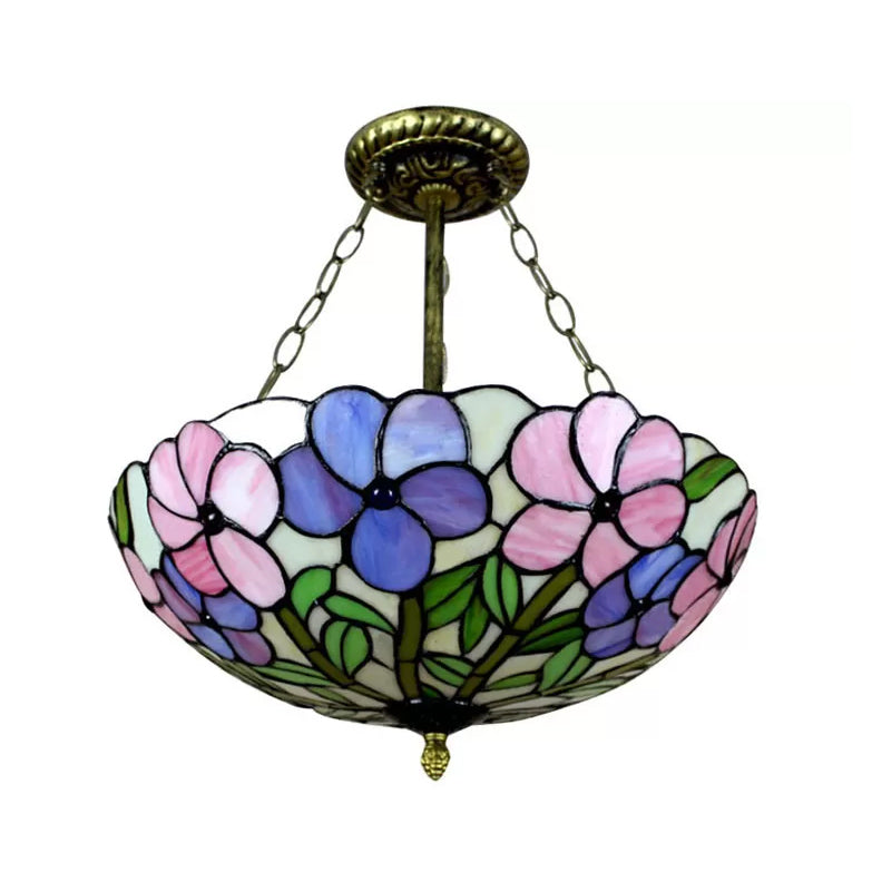 Plafonnier LED Tiffany en vitrail à 3 lumières, chaîne en laiton vieilli et motif rose