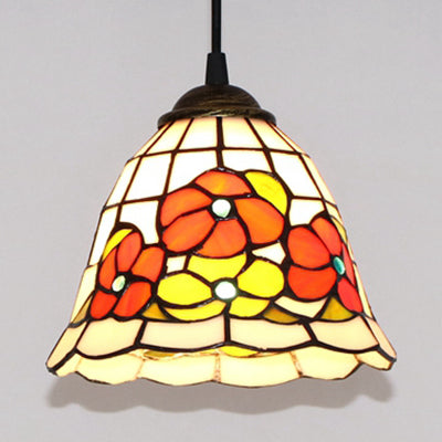 Beige Stained Glass Flare Pendant Tiffany Lamp With Flower Design