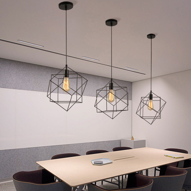Hanging Industrial Black Metal Pendant Light - 1 Light Structural Cubic Design for Dining Room