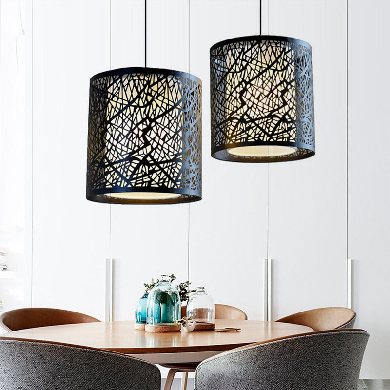 Industrial 1 Light Black Metal Hanging Lamp With Etched Drum Design - Perfect For Dining Rooms