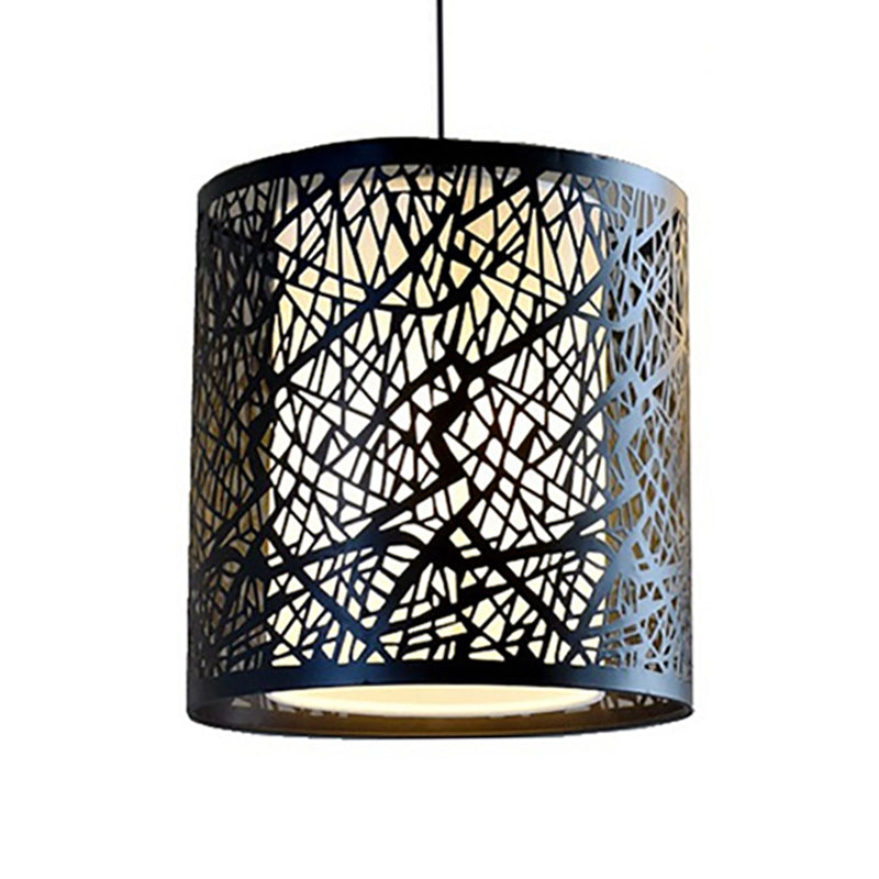 Industrial 1 Light Black Metal Hanging Lamp With Etched Drum Design - Perfect For Dining Rooms
