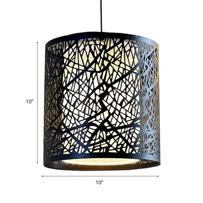 Industrial 1 Light Black Metal Hanging Lamp With Etched Drum Design - Perfect For Dining Rooms