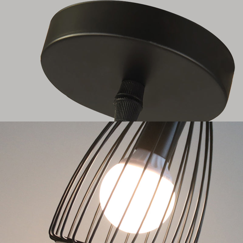 Vintage Industrial Conical Caged Metal Ceiling Light - Black