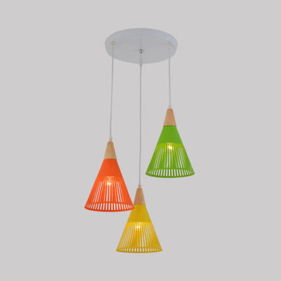Vintage Style Conical Pendant Lamp With Cage Shade - 3 Heads Metal White