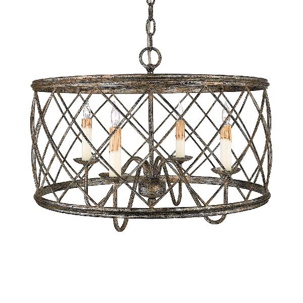 Lustre à 4 lumières en argent vieilli : suspension métallique en forme de X de style antique avec abat-jour tambour pour hall d'entrée