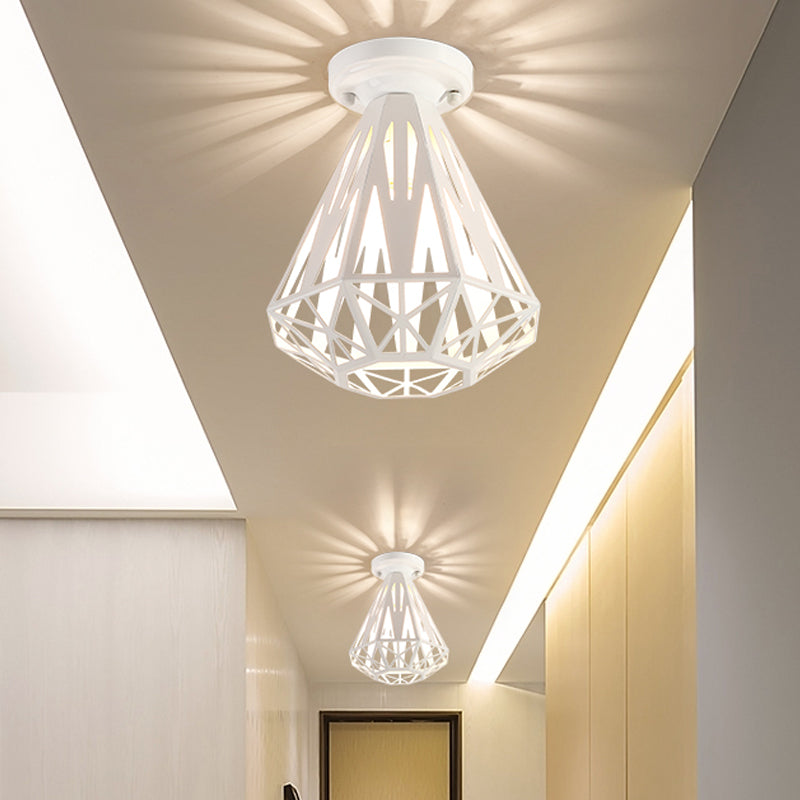 Simple Small Diamond Cage 1-Light Flush Mount Iron Ceiling Light in Black/White