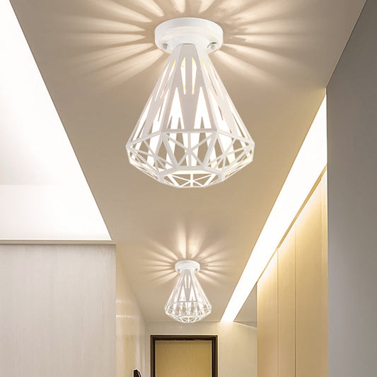 Simple Small Diamond Cage 1-Light Flush Mount Iron Ceiling Light in Black/White