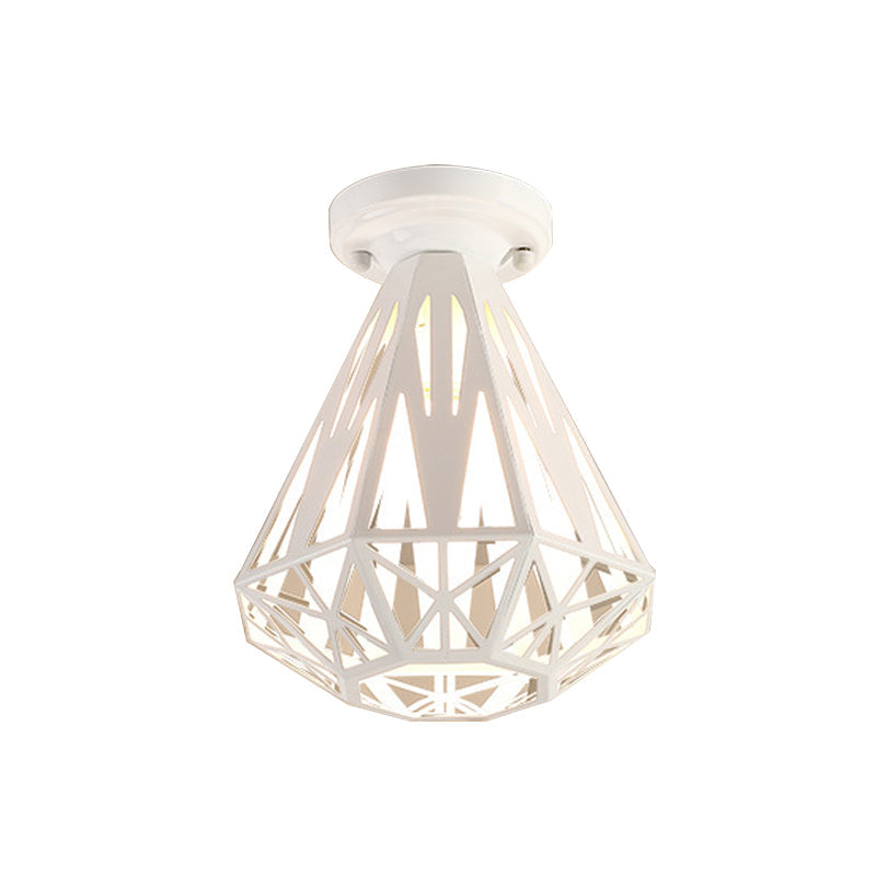 Simple Small Diamond Cage 1-Light Flush Mount Iron Ceiling Light in Black/White