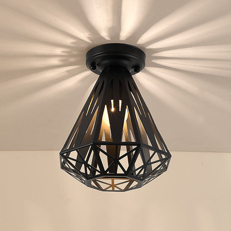 Simple Small Diamond Cage 1-Light Flush Mount Iron Ceiling Light in Black/White