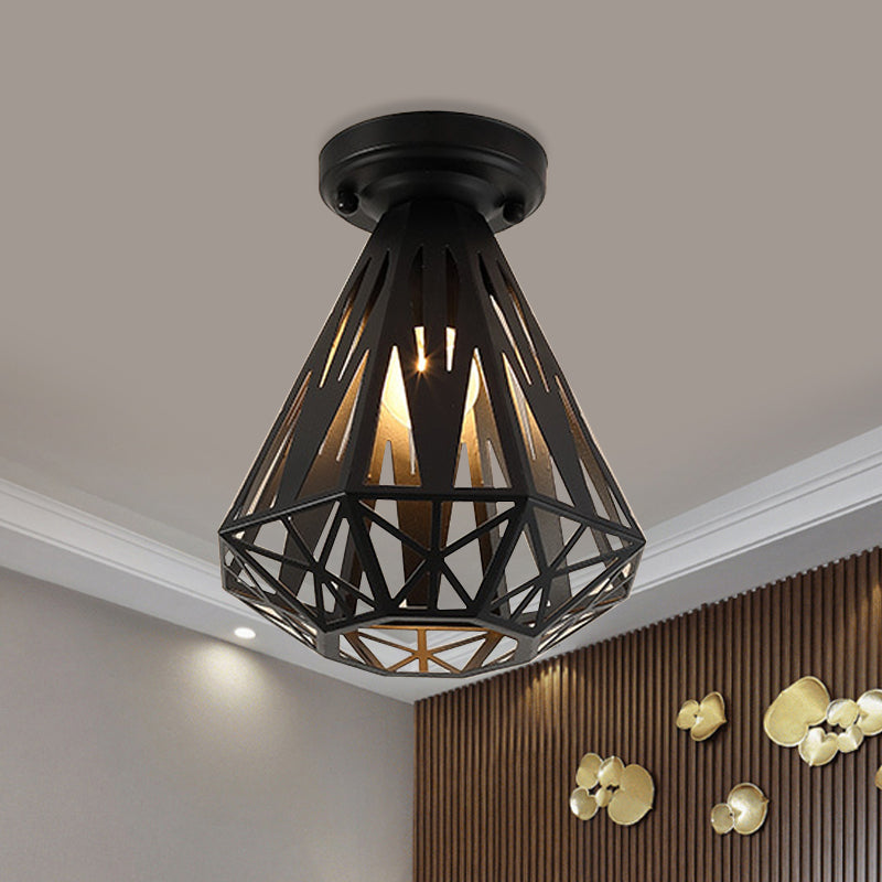 Simple Small Diamond Cage 1-Light Flush Mount Iron Ceiling Light in Black/White