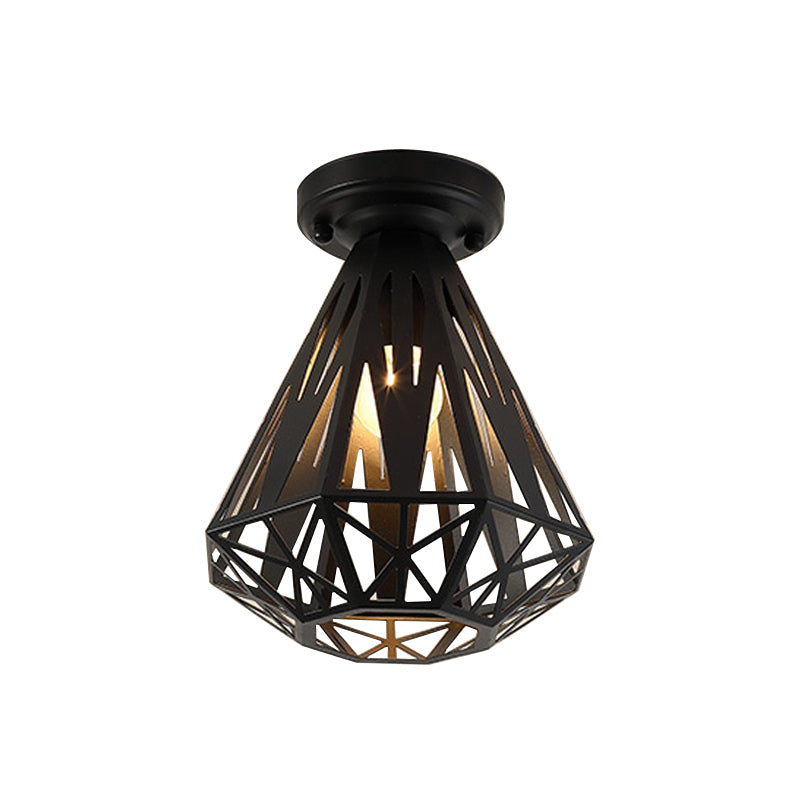 Simple Small Diamond Cage 1-Light Flush Mount Iron Ceiling Light in Black/White