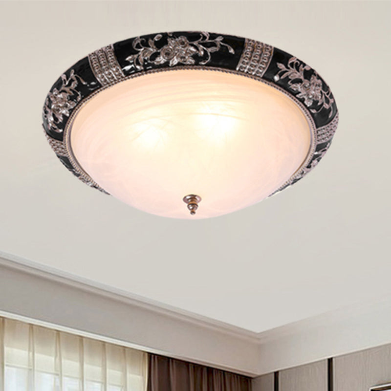 Black-Gold Semi-Orb Flush Mount Lamp with Satin Glass Shade for Hallway