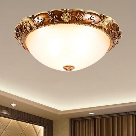 Traditional Flush Mount Ceiling Lighting with Floral and Elephant Deco in Brown - 3-Light Bowl Design