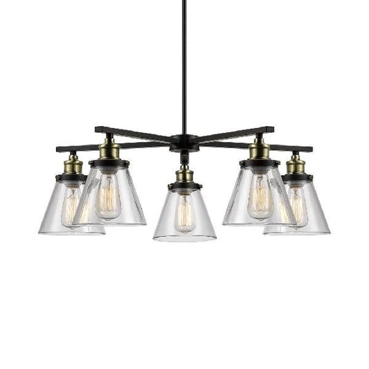 Vintage Black 5-Light Chandelier Pendant with Clear Glass Cone Shades for Dining Room Lighting