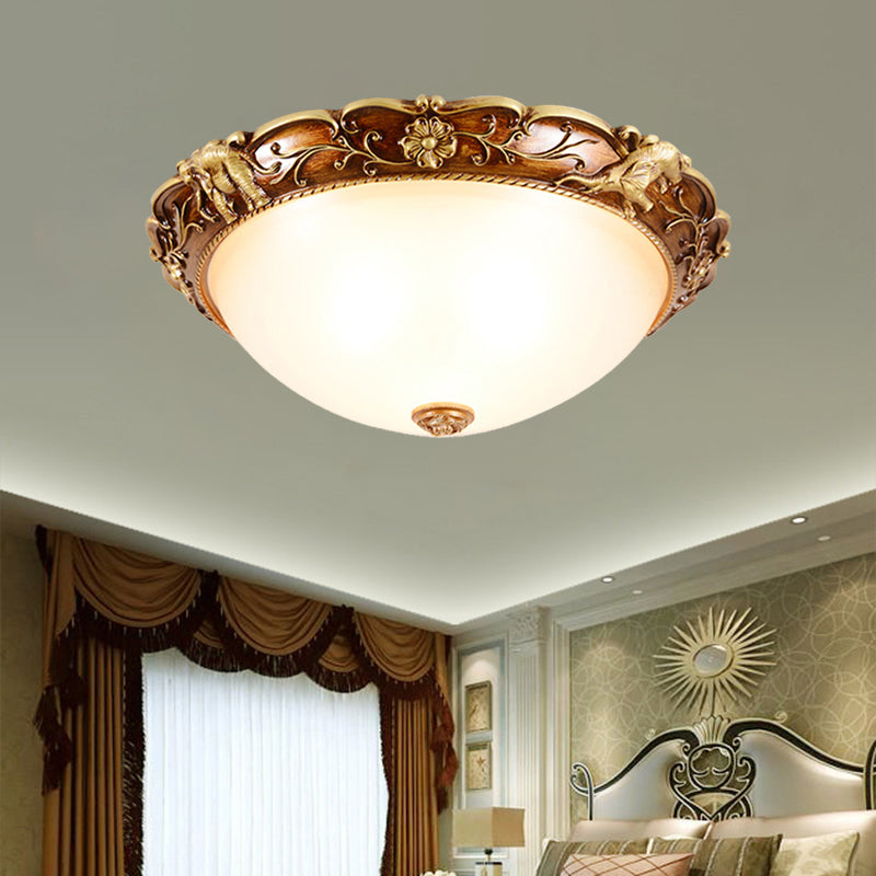 Traditional Flush Mount Ceiling Lighting with Floral and Elephant Deco in Brown - 3-Light Bowl Design