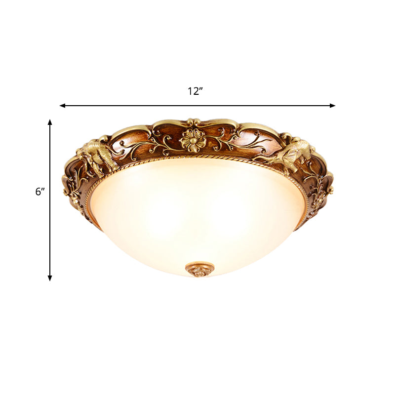 Traditional Flush Mount Ceiling Lighting with Floral and Elephant Deco in Brown - 3-Light Bowl Design