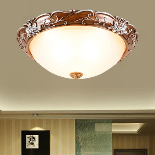 Milky Glass Brown Ceiling Lamp - Semi-Spherical 3 Bulb Flush Mount Lighting with Flower Pattern, Countryside Inspired