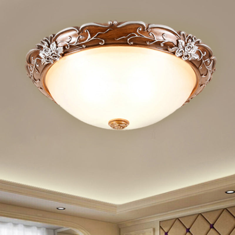 Milky Glass Brown Ceiling Lamp - Semi-Spherical 3 Bulb Flush Mount Lighting with Flower Pattern, Countryside Inspired