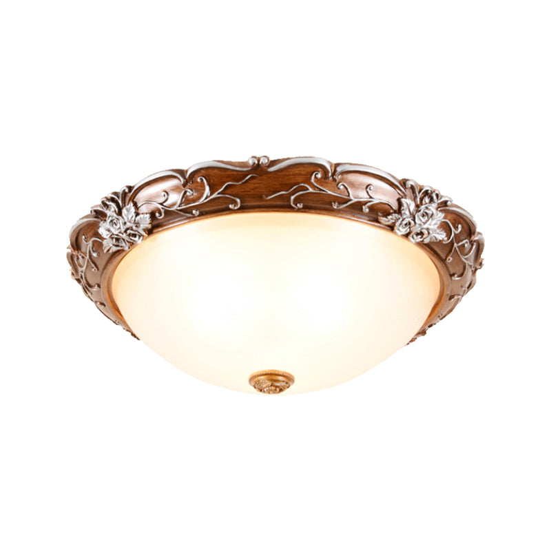 Milky Glass Brown Ceiling Lamp - Semi-Spherical 3 Bulb Flush Mount Lighting with Flower Pattern, Countryside Inspired