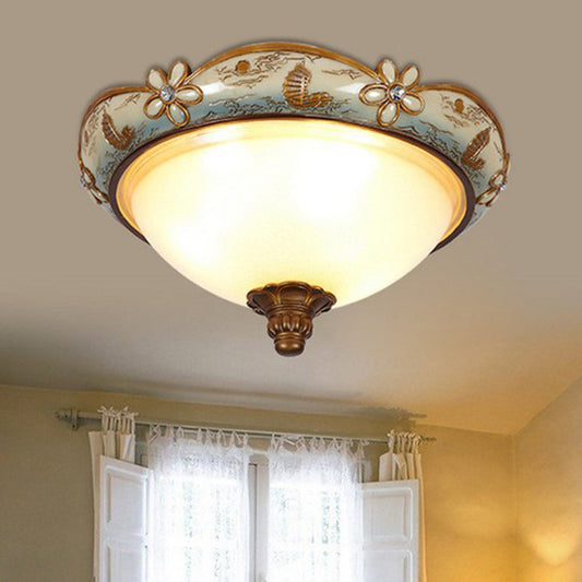 Vintage Opaline Glass Dome Ceiling Lamp with Blue-White Flush Mount and Bloom Decoration