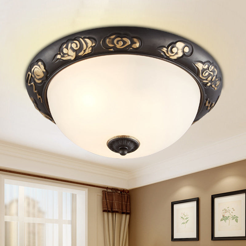 Retro Flush Mount Ceiling Lamp - 15"/19.5" Milk Glass Black-Gold Dome Shape - 3/4 Lights - Bedroom Fixture