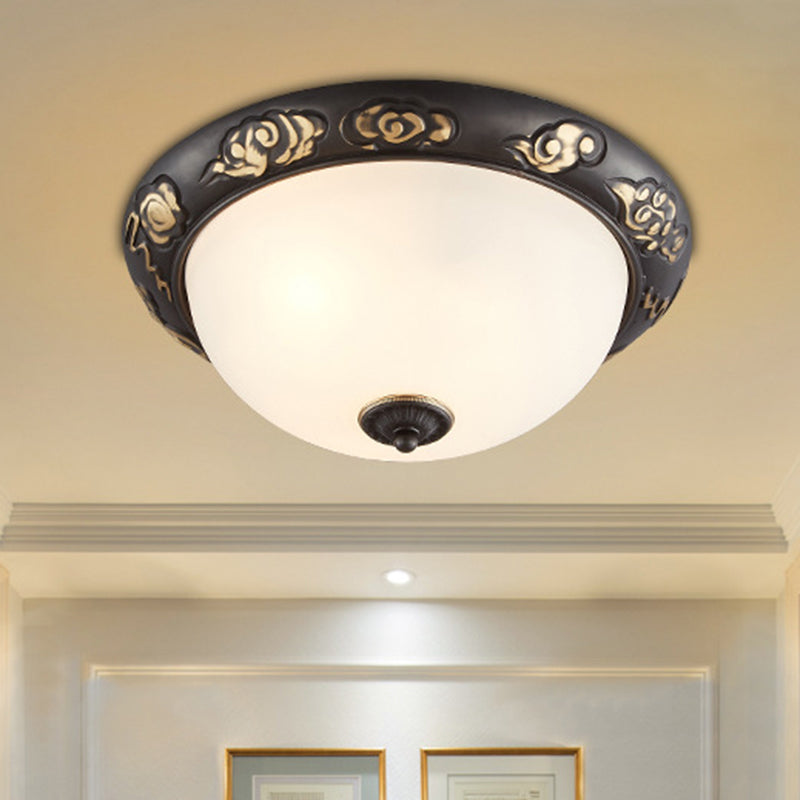 Retro Flush Mount Ceiling Lamp - 15"/19.5" Milk Glass Black-Gold Dome Shape - 3/4 Lights - Bedroom Fixture