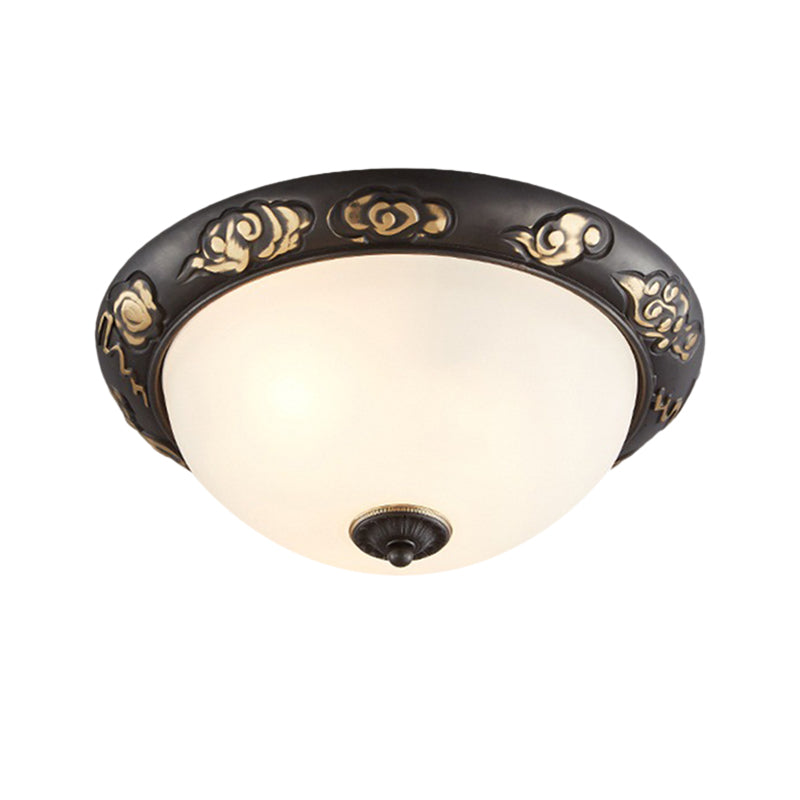 Retro Flush Mount Ceiling Lamp - 15"/19.5" Milk Glass Black-Gold Dome Shape - 3/4 Lights - Bedroom Fixture