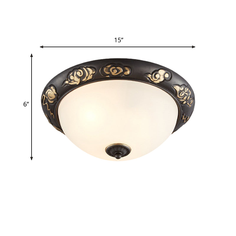 Retro Flush Mount Ceiling Lamp - 15"/19.5" Milk Glass Black-Gold Dome Shape - 3/4 Lights - Bedroom Fixture