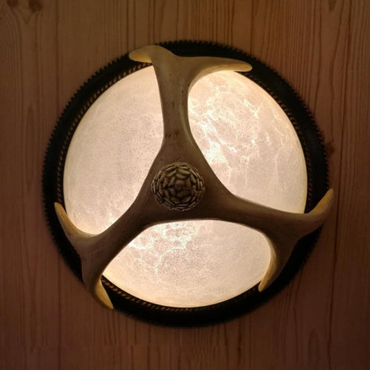 Semi-Ball Flush Mount 2-Head Ceiling Light with Classic Wood Resin and Antler Deco - Ideal for Bedrooms