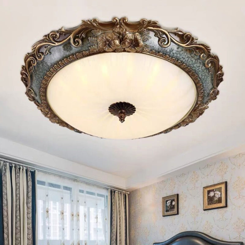 Rustic Resin Brass Flush Mount Ceiling Lamp - Floral Pedestal - 12"/16"/19.5" W - 2/3-Light - Round Shape