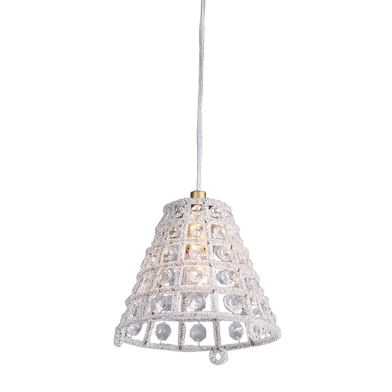 Modernist Crystal Bead Cone Cage Pendant Light In Gold - Bedroom Pendulum Lamp