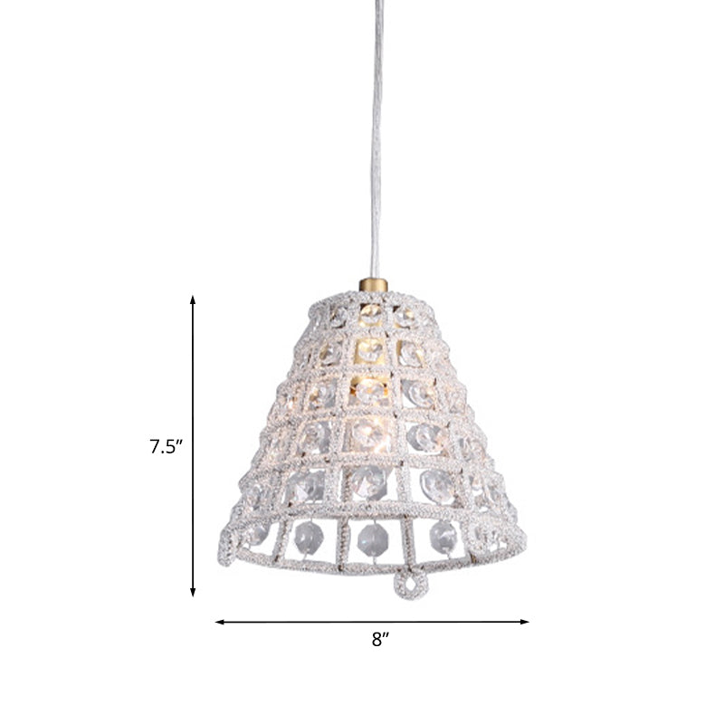 Modernist Crystal Bead Cone Cage Pendant Light In Gold - Bedroom Pendulum Lamp