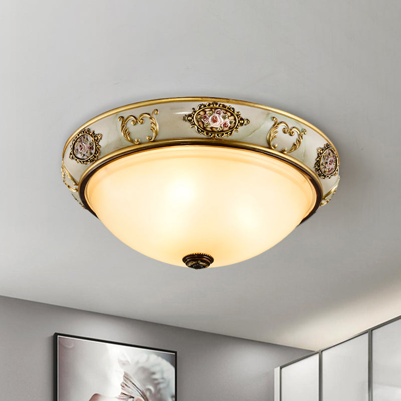 Vintage Opal Glass Bowl Flush Mount Ceiling Lamp with 3 Lights - Gold Finish