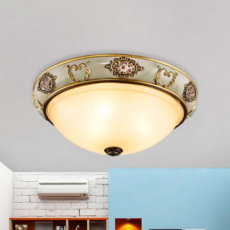 Vintage Opal Glass Bowl Flush Mount Ceiling Lamp with 3 Lights - Gold Finish