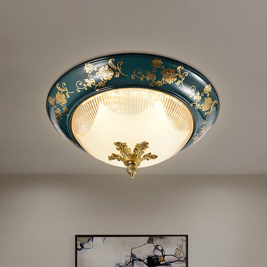 Green Bloom Pattern Ceiling Fixture with 3 Ribbed Glass Shades - Classic Round Design