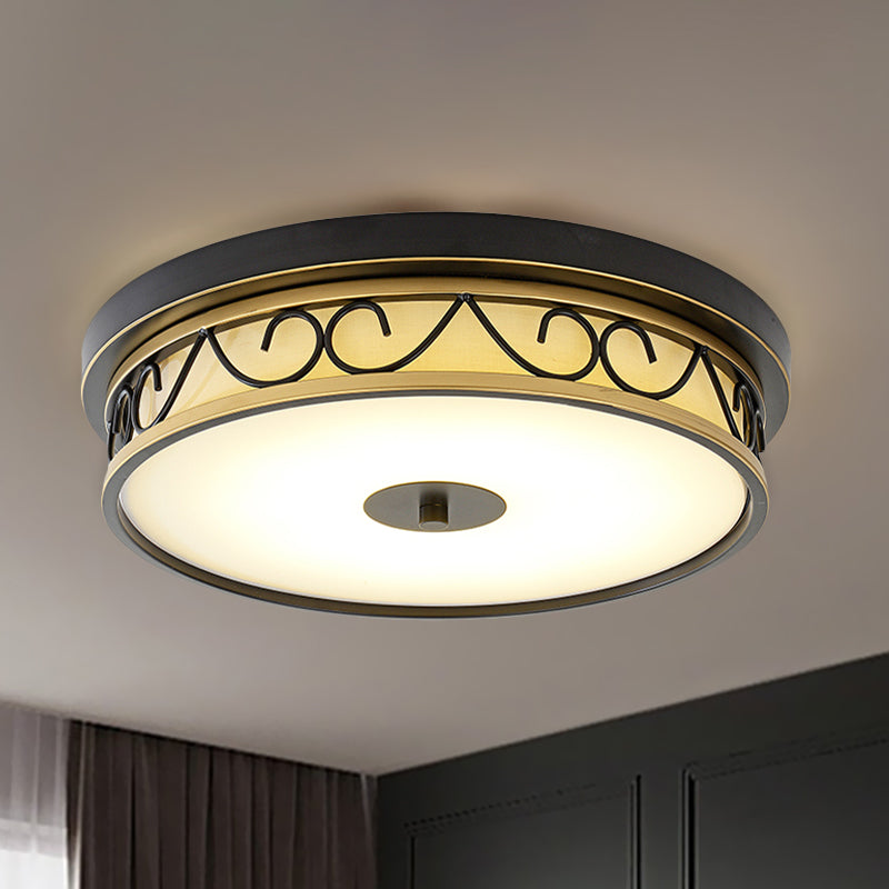 LED Drum Flush Mount Lamp - Traditional Black Frosted Glass Ceiling Light
