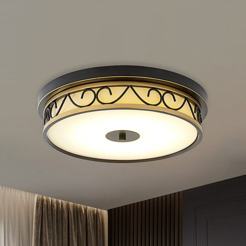 LED Drum Flush Mount Lamp - Traditional Black Frosted Glass Ceiling Light