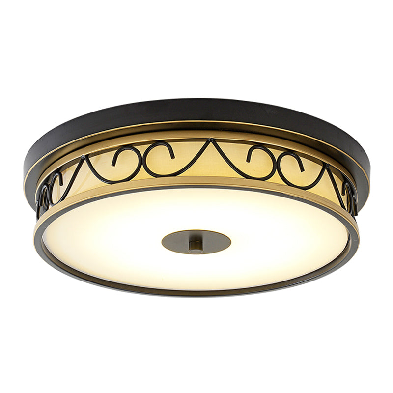 LED Drum Flush Mount Lamp - Traditional Black Frosted Glass Ceiling Light