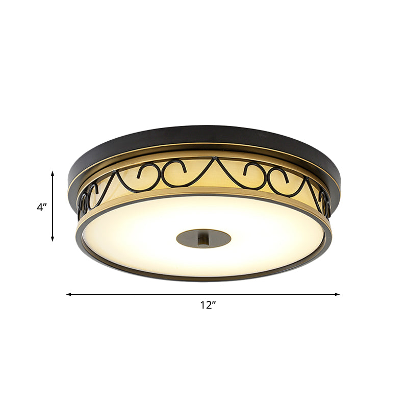 LED Drum Flush Mount Lamp - Traditional Black Frosted Glass Ceiling Light
