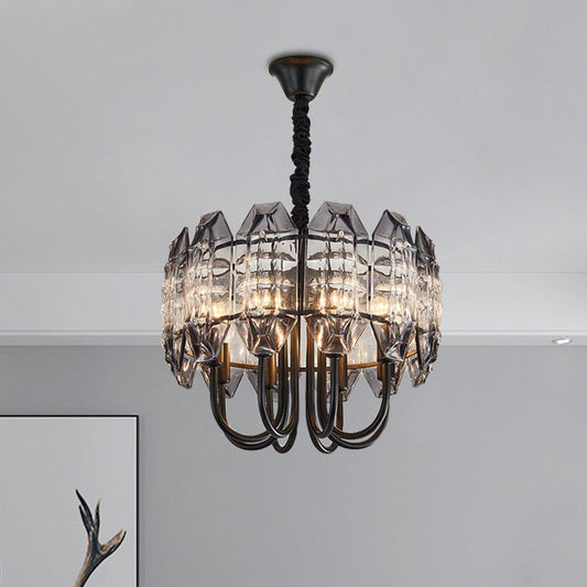 Nordic Black Drum Suspension Chandelier With Crystal Prisms - 8-Bulb Hanging Light For Bedrooms